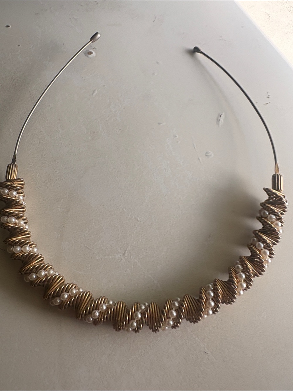 Gold Pearl Wrapped Wire Choker Necklace ca 4in diameter